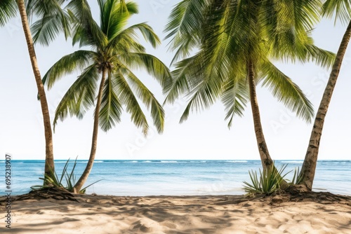 Palm trees standing tall on a sandy beach with the beautiful ocean in the background. Perfect for tropical vacation themes or coastal landscapes © Fotograf