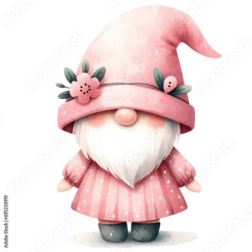 A delightful illustration of a cute pink gnome with a floral hat, perfect for whimsical decor and fairytale themes.
 photo