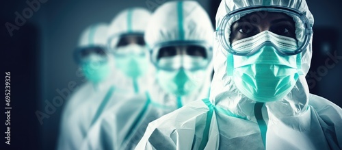 Hospital medical personnel wearing protective suits and equipment for Ebola.