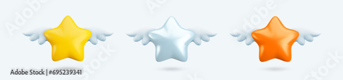 Vector 3d star with wings icons set. Cute realistic cartoon flying star 3d render, glossy gold, silver and bronze stars Illustration for customer rating concept, decor, web, game design, app