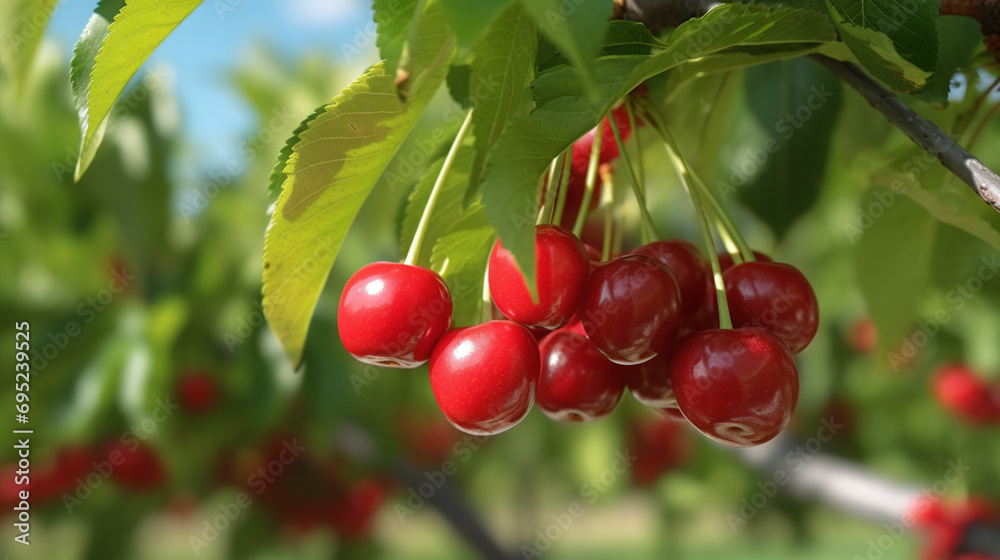 Red cherries on the tree ready for harvest. branch of ripe cherries tree in a garden. generative ai