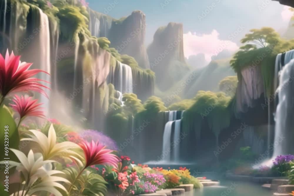 Beautiful Waterfall with Flower Generative AI Generative AI. Virtual video scene animated background