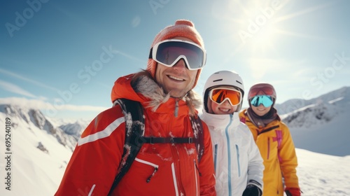 A group of people standing on top of a snow covered slope. Ideal for winter sports and outdoor activities
