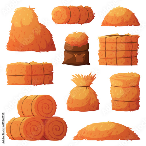 Hay Bale as Dried Grass for Fodder Vector Set