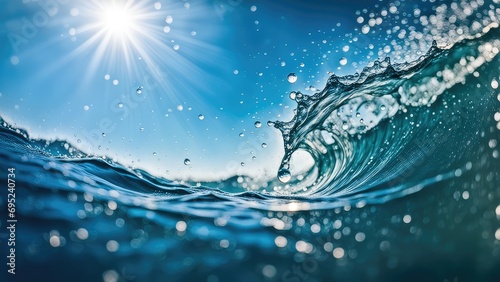 The wave and the sun. Sea water splashes in the sun