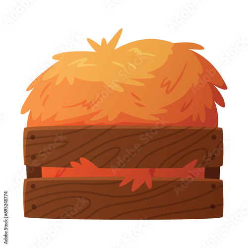 Hay Bale in Wooden Crate as Dried Grass for Fodder Vector Illustration