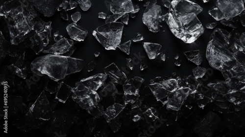 Crushed ice with cracks on black surface copy space