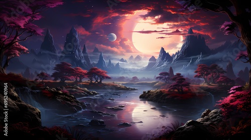 An otherworldly landscape emerges from the depths of a liquid-like background, with vibrant hues of blues and purples blending in a captivating display ©  ALLAH LOVE
