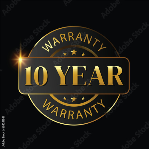 10 year warranty logo with golden shield and golden ribbon.Vector illustration.