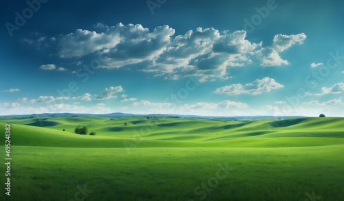 Beautiful view of green field and cloudy blue sky. Spring or summer nature green meadow landscape