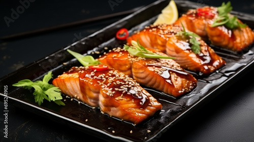 close-up of sticky teriyaki salmon fillets baked in an oven served on a black plate. generative ai