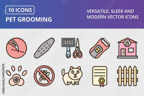 Pet Grooming Thick Line Filled Colors Icons Set photo