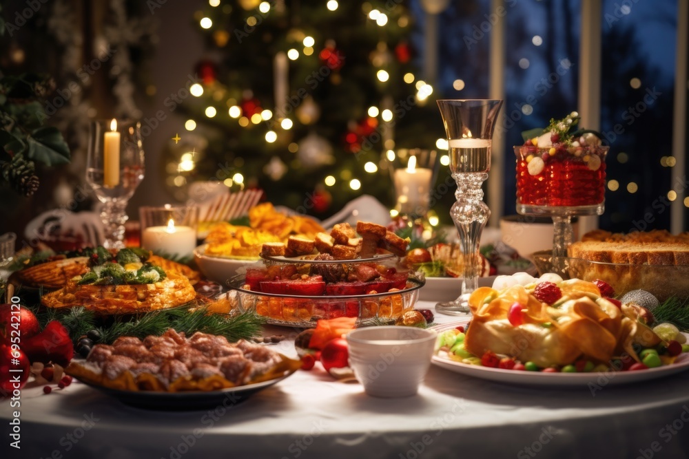 A table filled with plates of food next to a Christmas tree. Perfect for holiday gatherings and festive celebrations