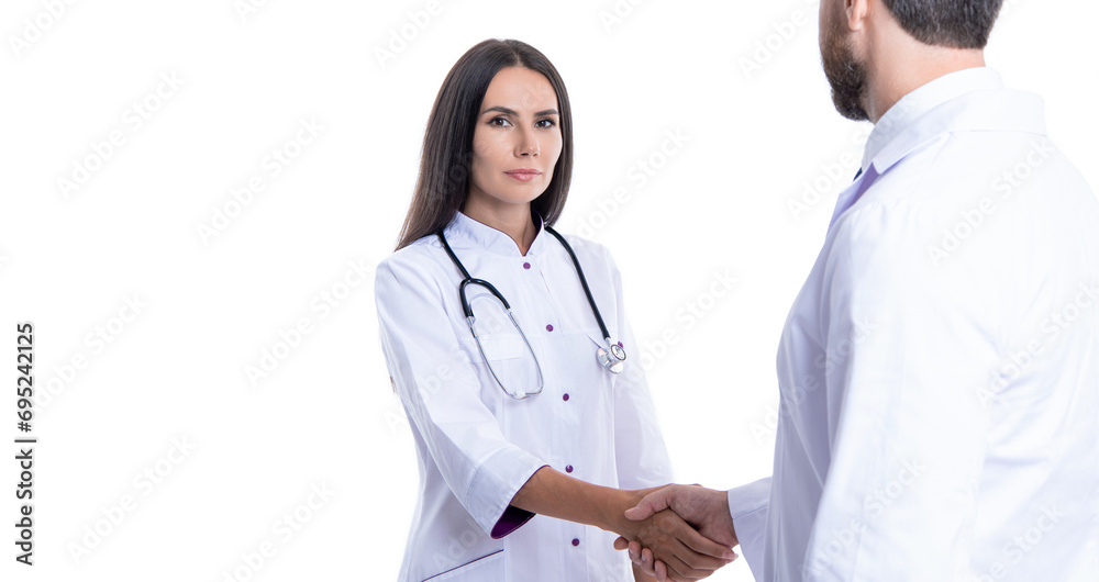 healthcare and medicine. medical deal between two doctor isolated on white. promotion deal. doctor handshake with nurse. healthcare insurance deal. copy space healthcare and medicine. medical deal between two doctor isolated on white. promotion deal. doctor handshake with nurse. healthcare insurance deal. copy space