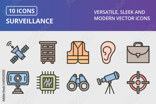Surveillance Thick Line Filled Colors Icons Set
