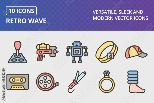 Retro Wave Thick Line Filled Colors Icons Set