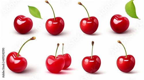 Cherry isolated. Sour cherry. Cherries with leaves on white background. Sour cherries. generative ai