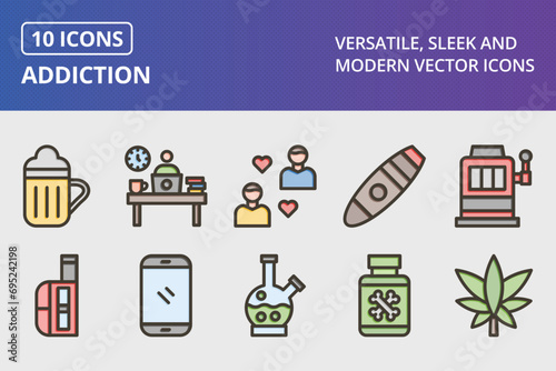 Addiction Thick Line Filled Colors Icons Set