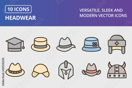 Headwear Thick Line Filled Colors Icons Set
