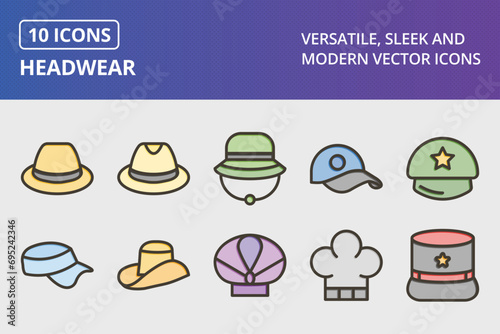Headwear Thick Line Filled Colors Icons Set