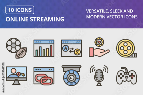 Online Streaming Thick Line Filled Colors Icons Set