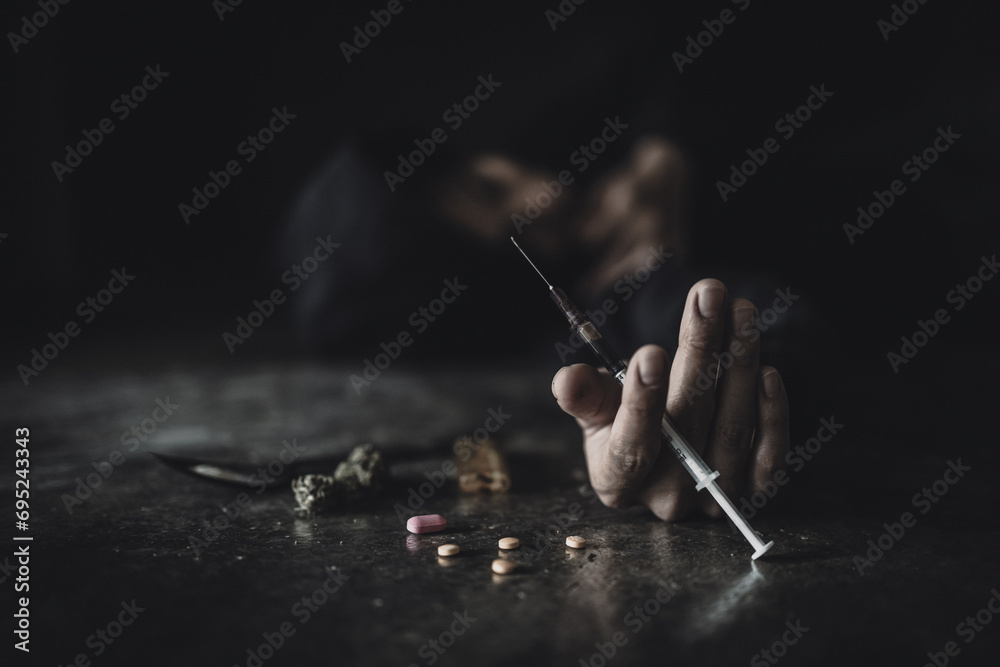  The concept of people addicted to drugs and against the use of illegal drugs. Drugs addiction and withdrawal symptoms concept. drugsInternational Day against Drug Abuse. - obrazy, fototapety, plakaty 