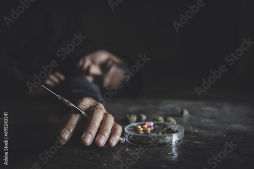  The concept of people addicted to drugs and against the use of illegal drugs. Drugs addiction and withdrawal symptoms concept. drugsInternational Day against Drug Abuse.