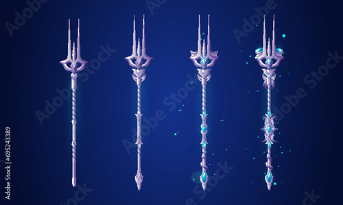 Poseidon or Neptune fantastic trident made of metal and gemstones for game ui level range. Cartoon vector illustration set of mythology harpoon or trishul decorated with jewelry with magic power
