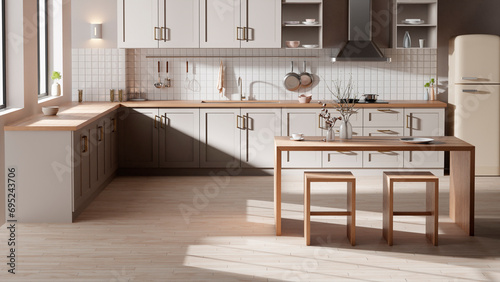 A bright beige-toned kitchen interior with sunlight coming through the window.