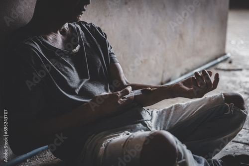  The concept of people addicted to drugs and against the use of illegal drugs. Drugs addiction and withdrawal symptoms concept. drugsInternational Day against Drug Abuse.
