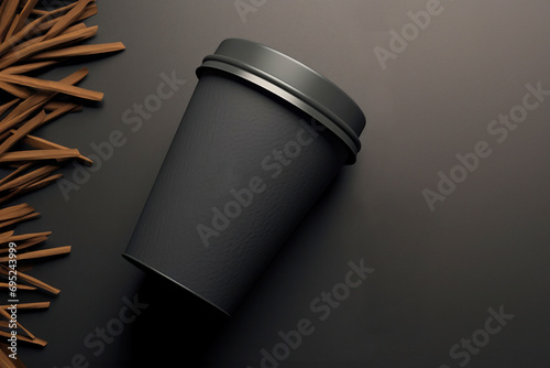 Black empty coffee cup on black background top view, free space for logo photo