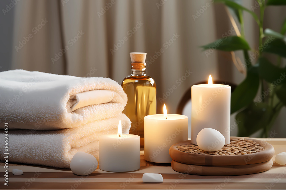 A calming spa scene with candles, white towel, oil massage. Spa accessory composition set in day spa hotel, beauty wellness centre or salon. Spa accessory composition set in day spa hotel, wellness. 