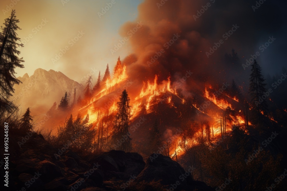 A large fire burning in the mountains. Ideal for illustrating the destructive power of wildfires and the need for fire prevention measures
