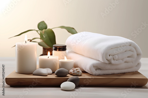A calming spa scene with candles  white towel  oil massage. Spa accessory composition set in day spa hotel  beauty wellness centre or salon. Spa accessory composition set in day spa hotel  wellness. 