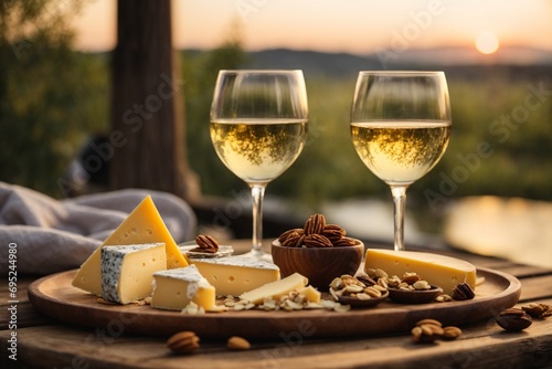 Two glasses of white wine  cheese and nuts on a wooden board against the backdrop of the setting sun.