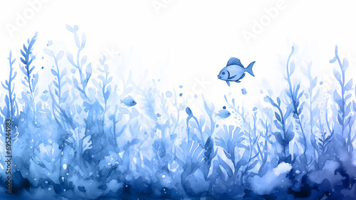 coral reef underwater  blue watercolor illustration  fish and corals ocean nature  cartoon image on white background