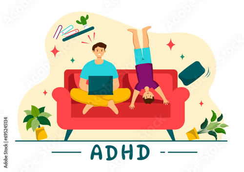 ADHD or Attention Deficit Hyperactivity Disorder Vector Illustration with Kids Impulsive and Hyperactive Behavior in Mental health and Psychology