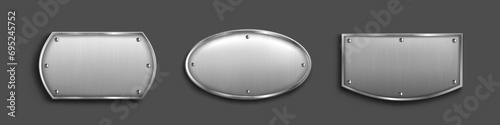 Set of steel tags with blank metal surface isolated on black background. Vector realistic illustration of silver or iron bolted plates, shiny button frames, nameplate badges with light reflection