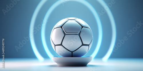 Futuristic soccer concept. Soccer ball on a podium  in a modern blue studio.