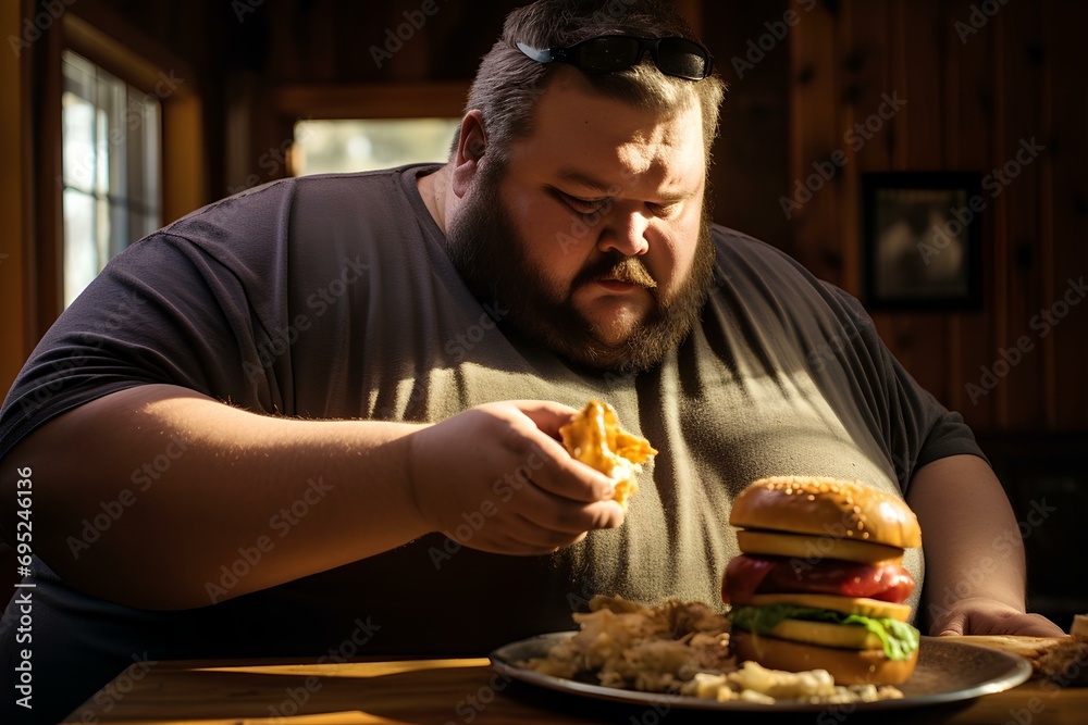 a seriously obese overweight man eating big cheeseburger. generative AI a seriously obese overweight man eating big cheeseburger. generative AI