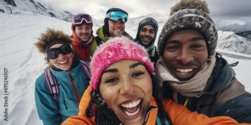 A group of people capturing a moment with a selfie in the snowy outdoors. Suitable for social media, winter activities, and bonding with friends and family