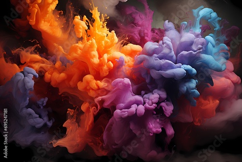 A burst of liquid colors exploding outward, creating intricate splashes and wisps against a dark backdrop
