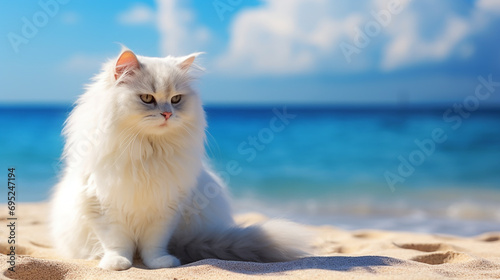 angora cat sitting on the beach with blue sky. pet traveling concept photo