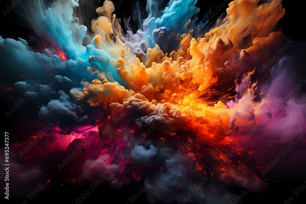 A burst of liquid colors exploding like fireworks against a dark sky
