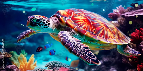 Beautiful sea turtles in the sea, ornate patterns and intricate designs on their shells. photo