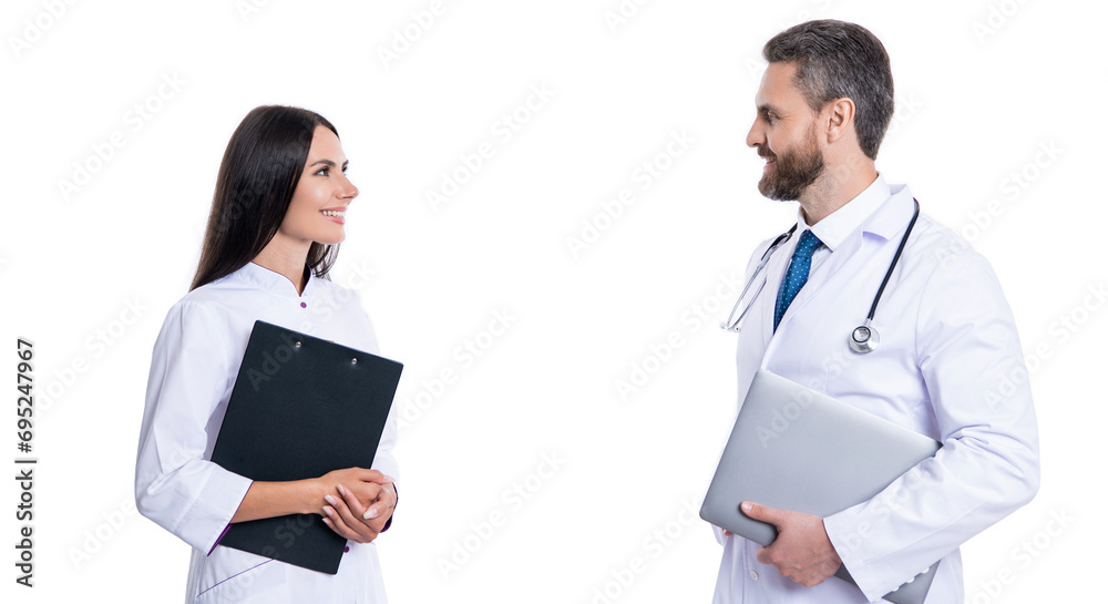 professional physician with internist. medicine and healthcare. doctor at hospital. two doctor hold medical prescription. doctor and nurse with clipboard isolated on white. copy space