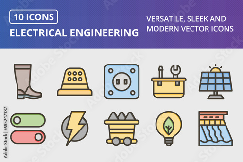 Electrical Engineering Thick Line Filled Colors Icons Set
