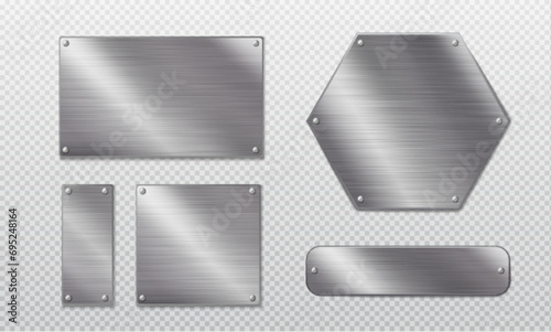 Steel metal tag plate of rectangular, square and hexagon shape with rivets. Realistic vector set of blank aluminum nameplates or boards with screws. Chrome surface empty plaque or frame mockup.