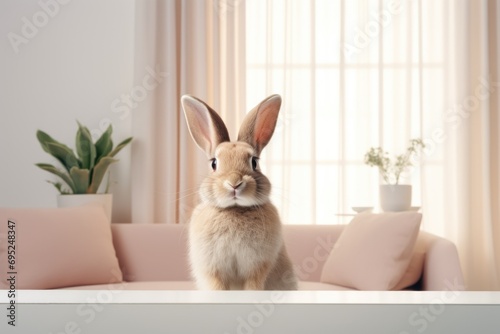 A rabbit is seen sitting on top of a table next to a couch. This image can be used to depict a pet rabbit in a home setting or to illustrate the concept of a cozy and comfortable living space © Fotograf