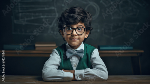 Cute indian little boy in senior teacher costume